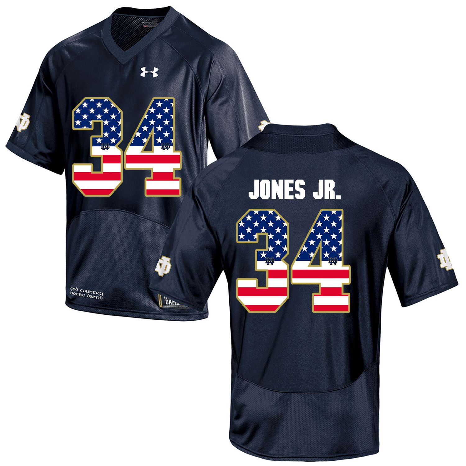 Men Norte Dame Fighting Irish 34 Jones jr Navy Blue Flag Customized NCAA Jerseys